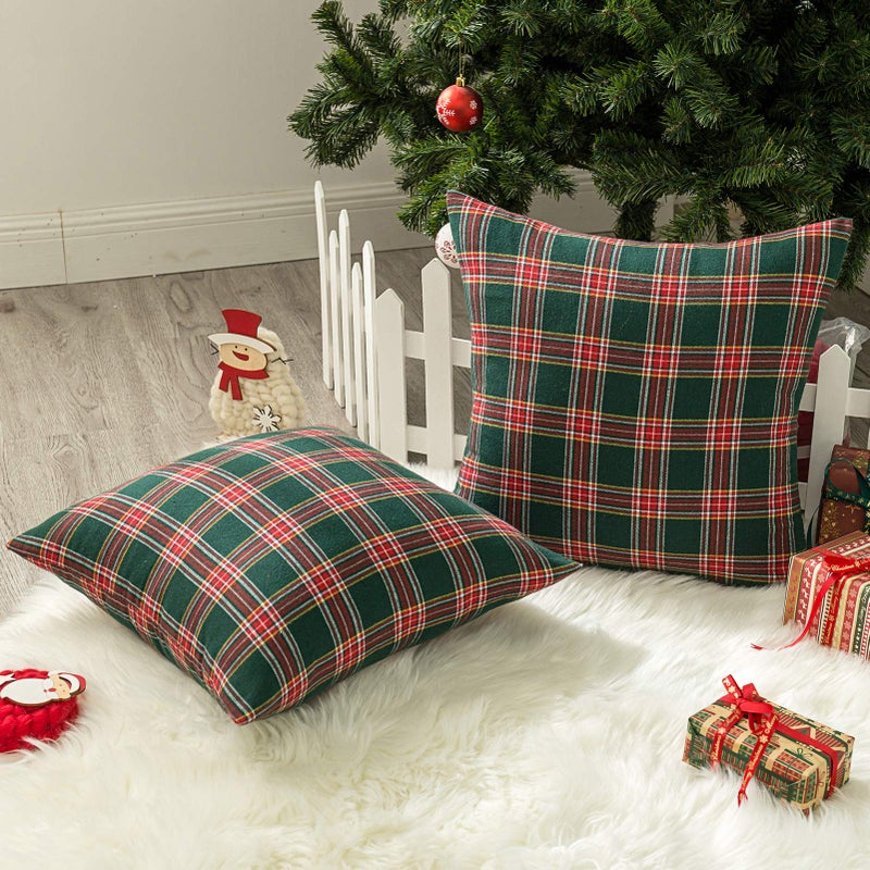 AQOTHES Pack of 2 Christmas Plaid Decorative Throw Pillow Covers Scottish Tartan Cushion Case for Farmhouse Home Holiday Decor Red and Green  18 x 18 Inches - Image 2